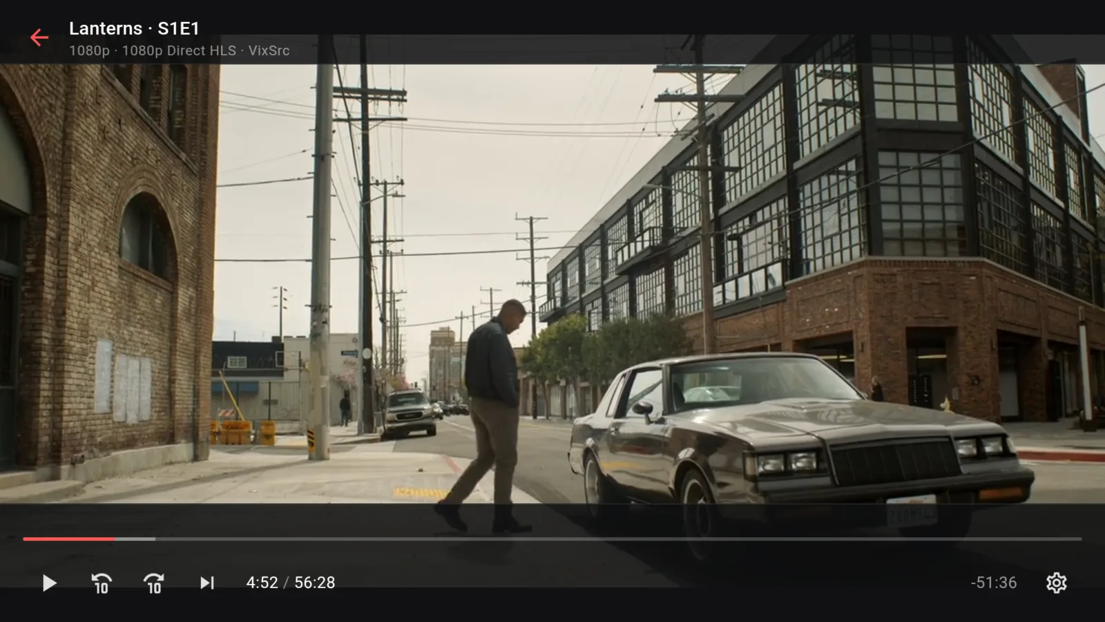 Parky's player on a Fire TV Stick, paused mid-episode: title, quality and source top-left, then the seek bar, play, skip-back and skip-forward, next episode, time remaining and the options menu