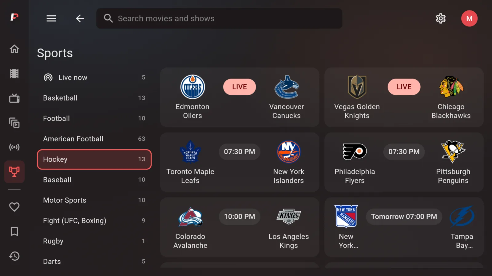 Parky's Sports page on a Fire TV Stick: sports down the left, tonight's hockey on the right — two games live, the rest with their start times — each with both teams' badges