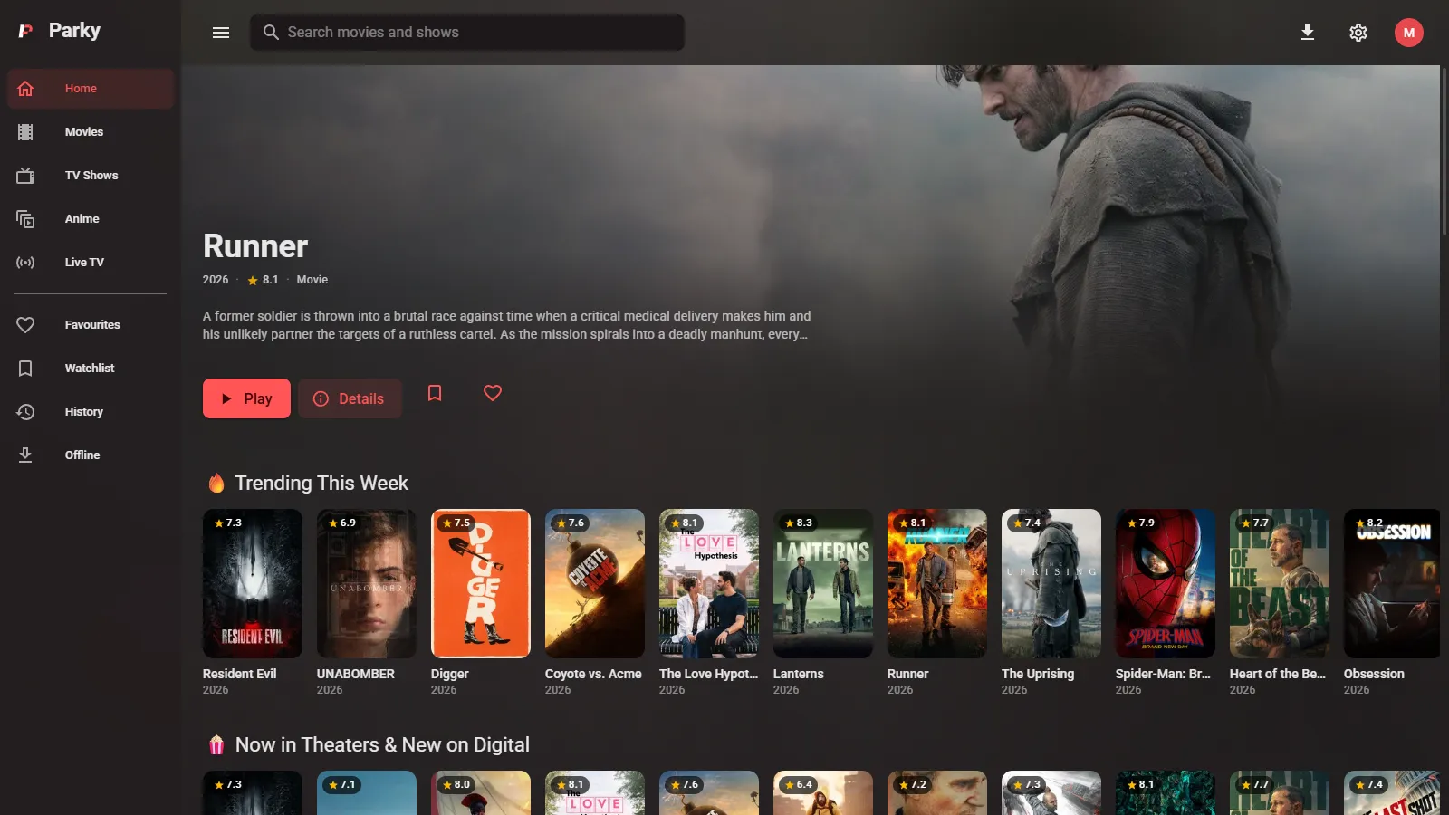 Parky for Windows: the home page with a featured film, the navigation drawer, and a Trending This Week row