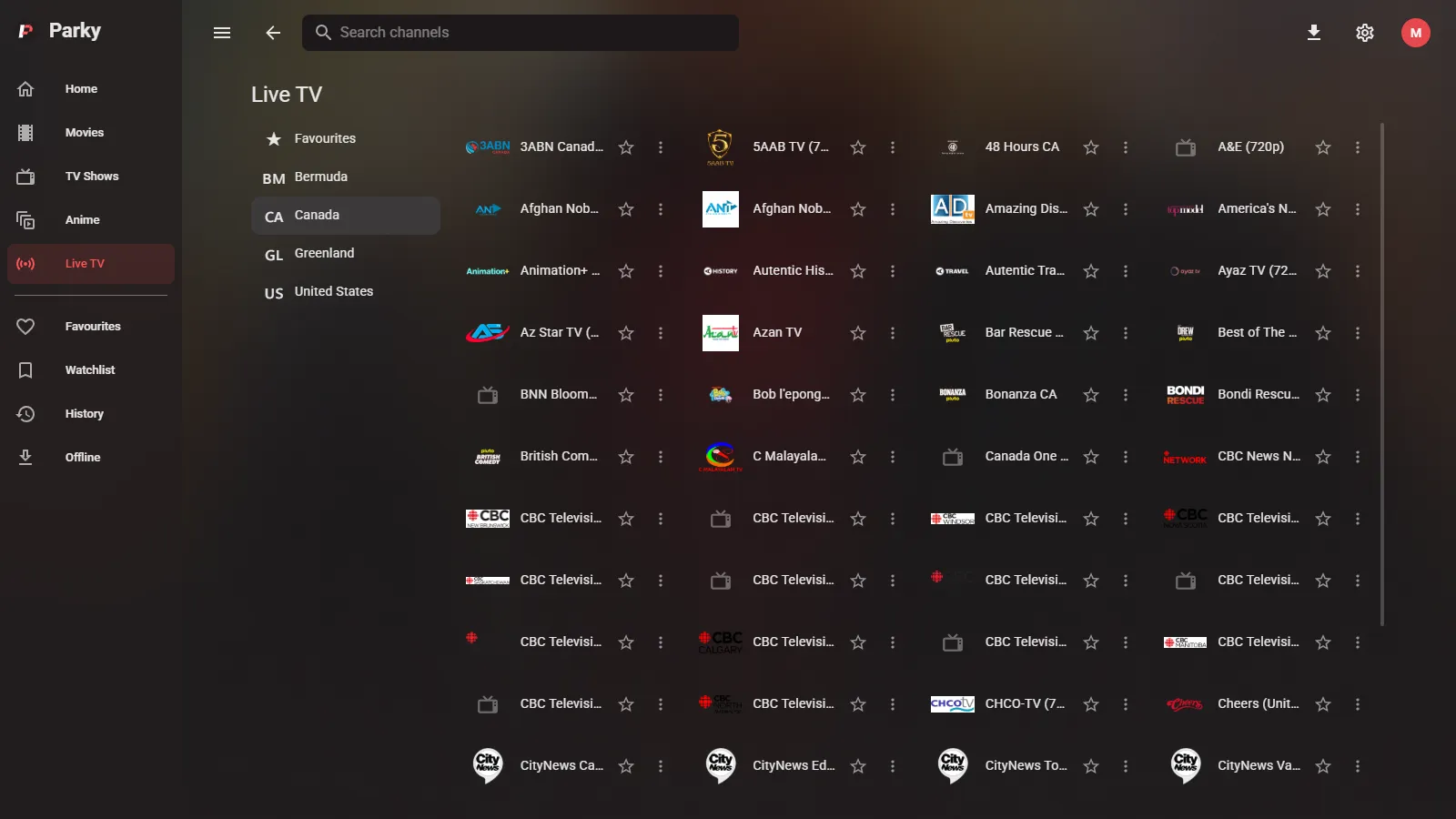Live TV in Parky for Windows: countries on the left, their channels with logos on the right