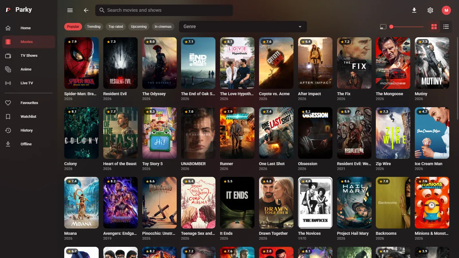 The movies grid in Parky for Windows, with ratings on every poster and Popular, Trending and Top rated filters