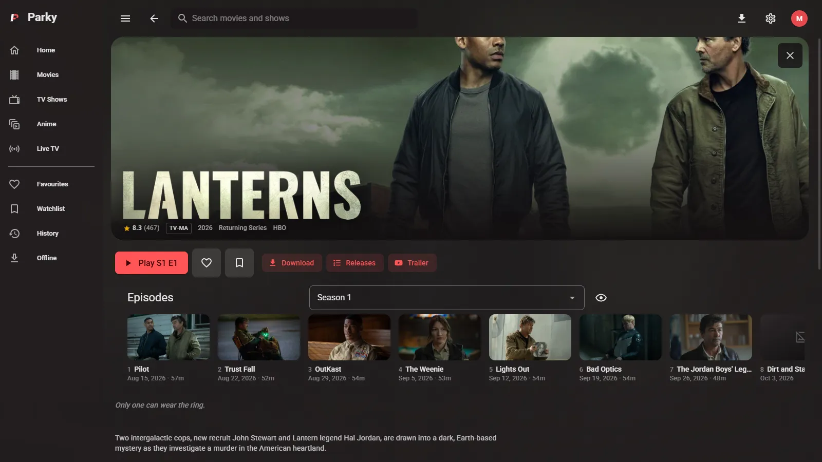 A series page in Parky for Windows: backdrop, Play, Download and Trailer buttons, and the season's episodes as a row